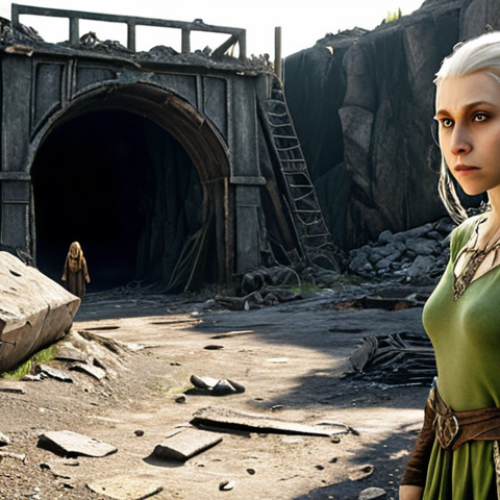 Home 4 Lea, a sad Elven NPC in Elveland, standing near a derelict mine, hinting at a tragic past connected to the Elven history and lost artifacts.